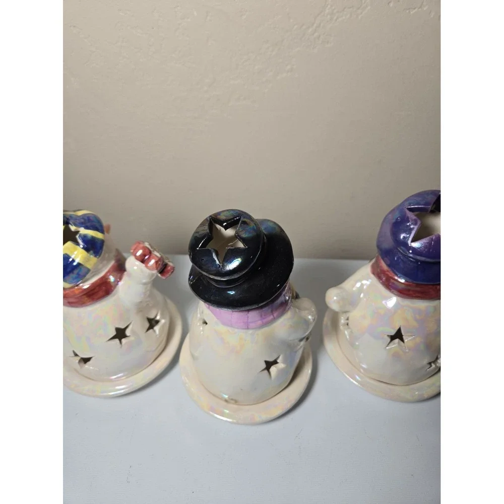 Vintage Ceramic Snowman Tealight Candle Holder Lot of 3 Christmas Holiday Decor